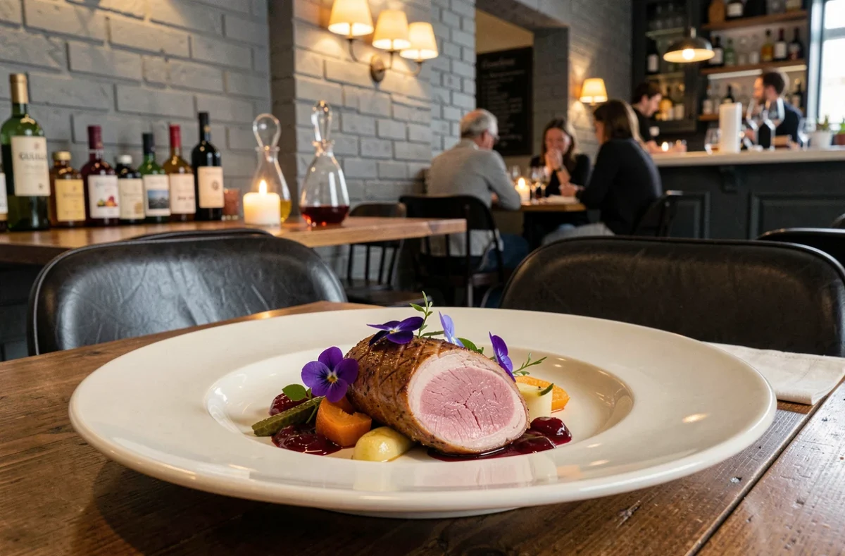 Assiette de canard rôti dressée avec précision au restaurant Guillaume à Rouen sur porcelaine ivoire