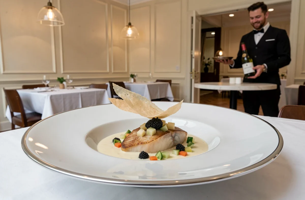 Assiette signature de Jean-Luc Tartarin au Havre avec sole normande, caviar et beurre blanc au champagne sur porcelaine fine