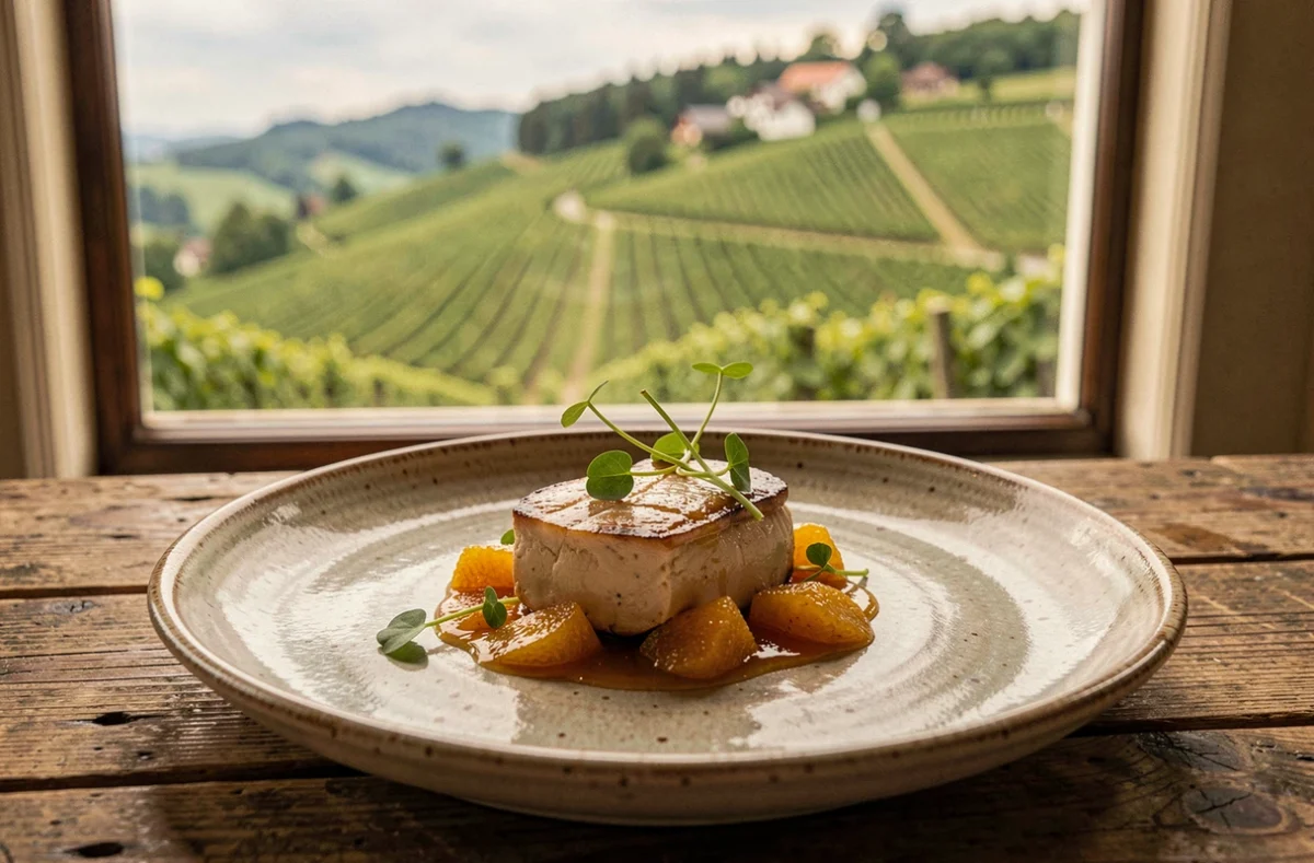 Assiette gastronomique de foie gras poêlé sur céramique artisanale au restaurant Julien Binz à Ammerschwihr, avec vignobles alsaciens visibles en arrière-plan