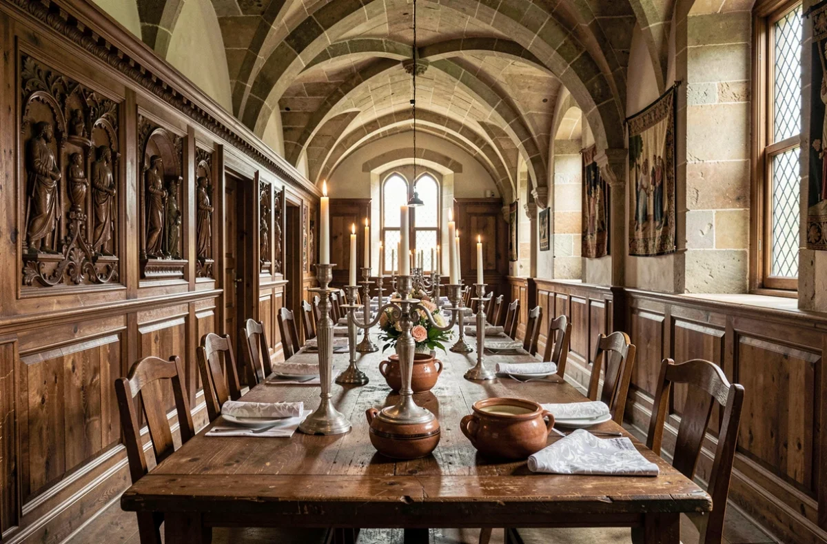 Grande salle historique de La Couronne à Rouen avec boiseries sculptées, argenterie et atmosphère médiévale normande