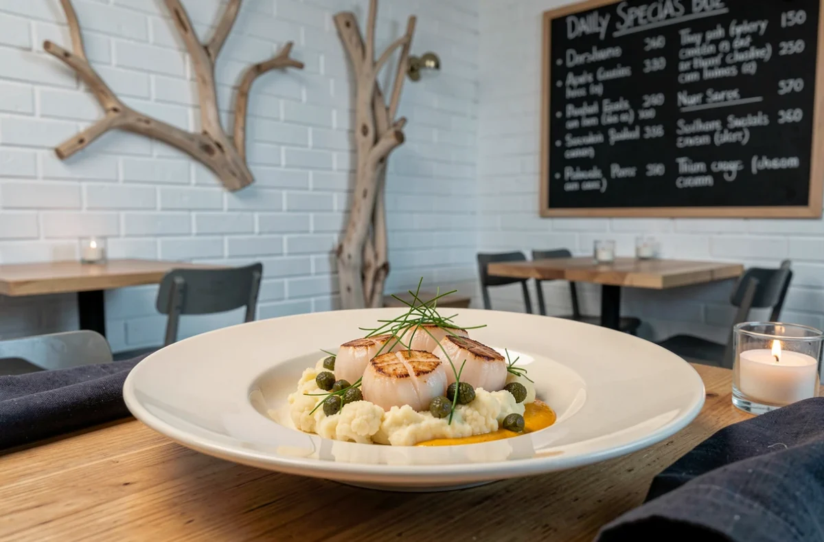 Assiette de Saint-Jacques dressée avec précision au restaurant Le 37 à Dieppe avec purée de chou-fleur et herbes marines