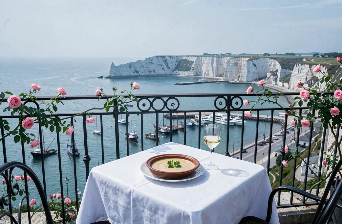 Table en terrasse aux Terrasses de Dieppe avec marmite dieppoise et vue panoramique sur les falaises et le port