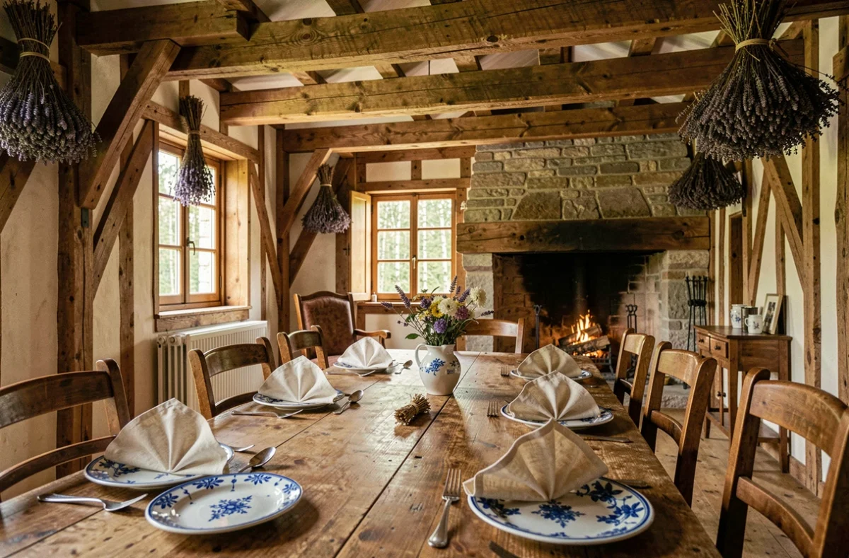 Salle à manger rustique de La Licorne Royale à Lyons-la-Forêt avec poutres apparentes et décor normand traditionnel