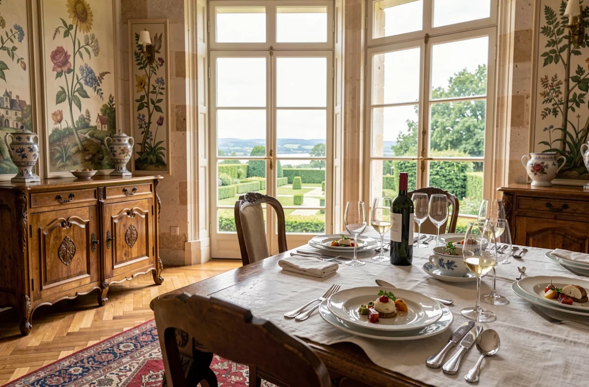 Salle à manger raffinée du Manoir de Rétival à Caudebec-en-Caux avec vue sur la vallée de la Seine depuis les portes-fenêtres