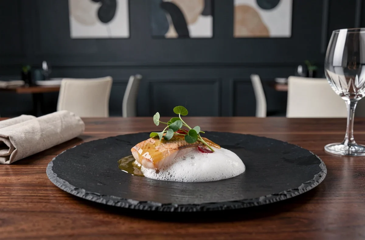Assiette gastronomique raffinée de L'Odas à Rouen avec poisson local et émulsion déposée sur ardoise noire