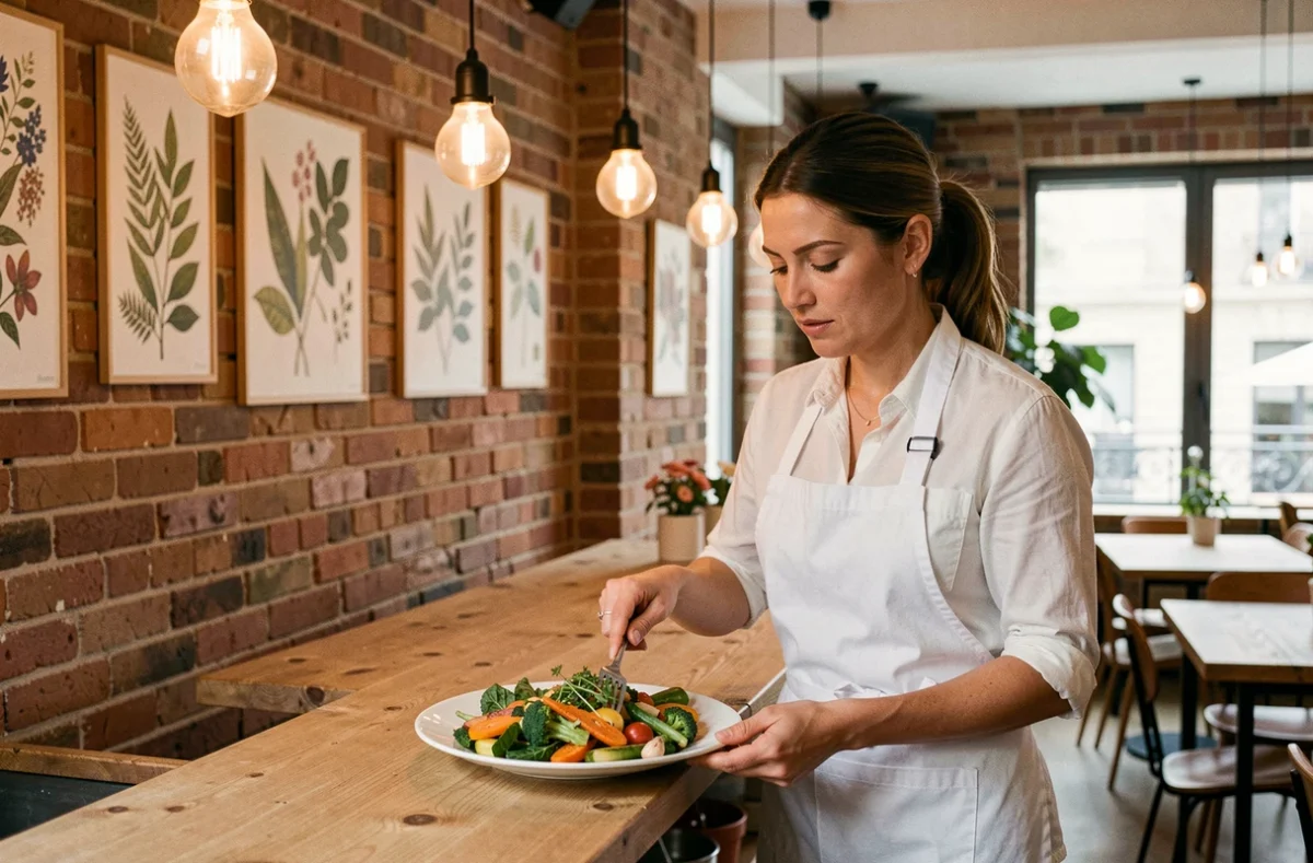 Intérieur chaleureux du restaurant Ruche avec murs en briques apparentes, tables en bois naturel et plat végétal coloré présenté par une cheffe
