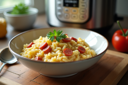 Risotto crémeux au chorizo dans un bol rustique blanc