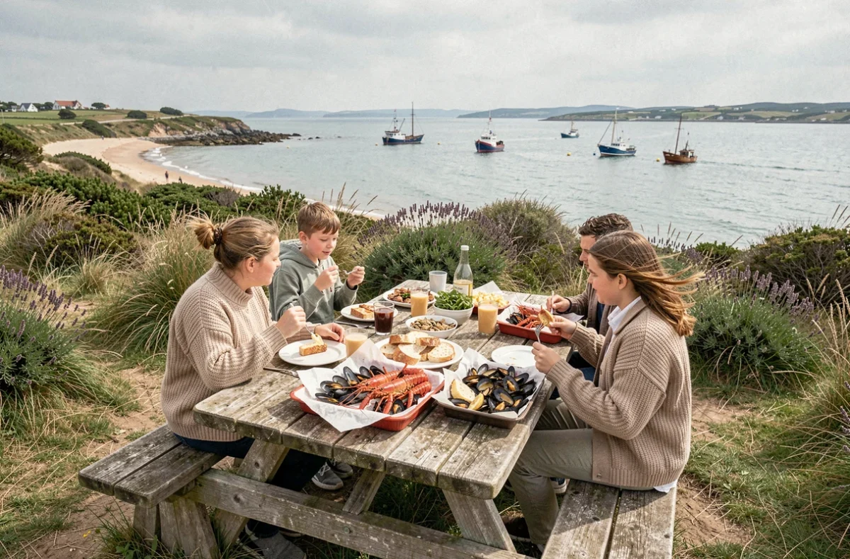 Terrasse du Roc'h Ar Mor à Plouescat, tables en bois sur une dune herbeuse avec vue sur la Baie de Kernic, famille dégustant fruits de mer bretons
