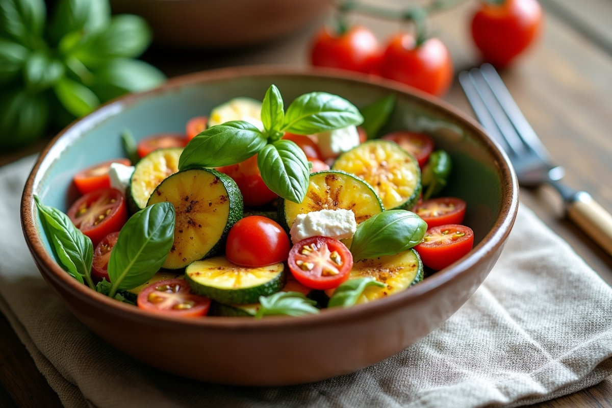 Salade d été avec courgette grillée tomates feta basilic