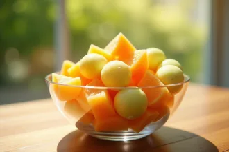 Salade de fruits rafraichissante avec oranges et melons sur une table ensoleillee