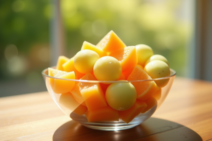 Salade de fruits rafraichissante avec oranges et melons sur une table ensoleillee