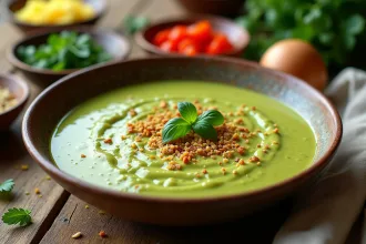 Bol de gazpacho de zucchini frais sur une table en bois