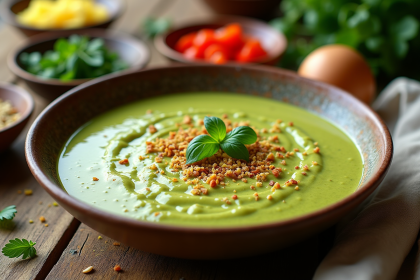 Bol de gazpacho de zucchini frais sur une table en bois