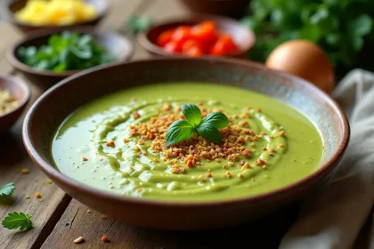 Bol de gazpacho de zucchini frais sur une table en bois
