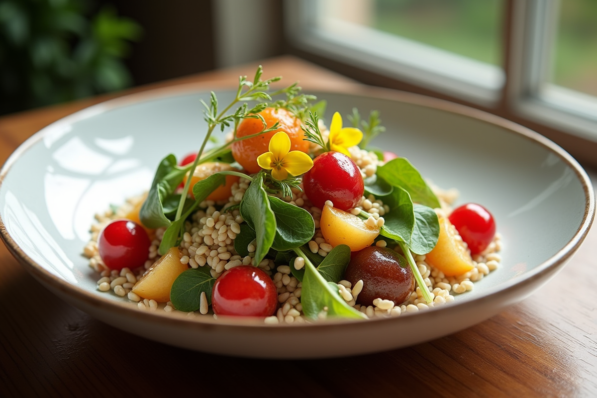 Assiette de salade garnie de baies de goumi et fleurs comestibles