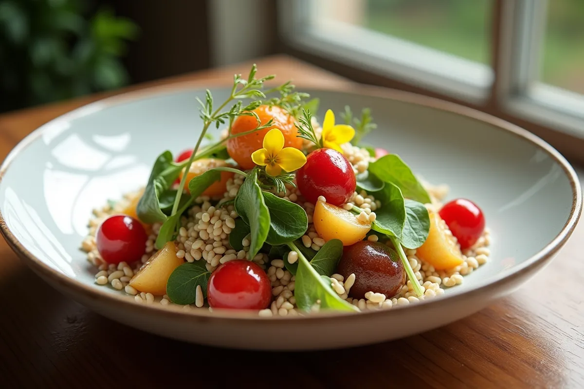 Assiette de salade garnie de baies de goumi et fleurs comestibles