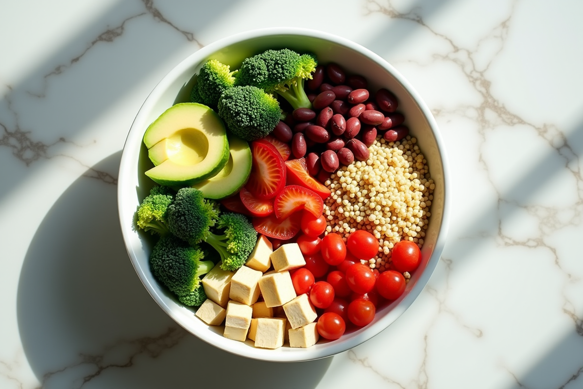Salade colorée de quinoa et légumes frais en bol moderne