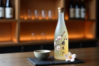 Bouteille de Soju Tsubaki au design japonais avec motifs de fleurs de cerisier posée sur une ardoise noire avec une fleur de camélia