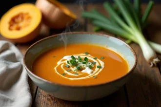 Bol de soupe poireau potimarron fumante avec crème fraîche et ciboulette sur table en bois rustique