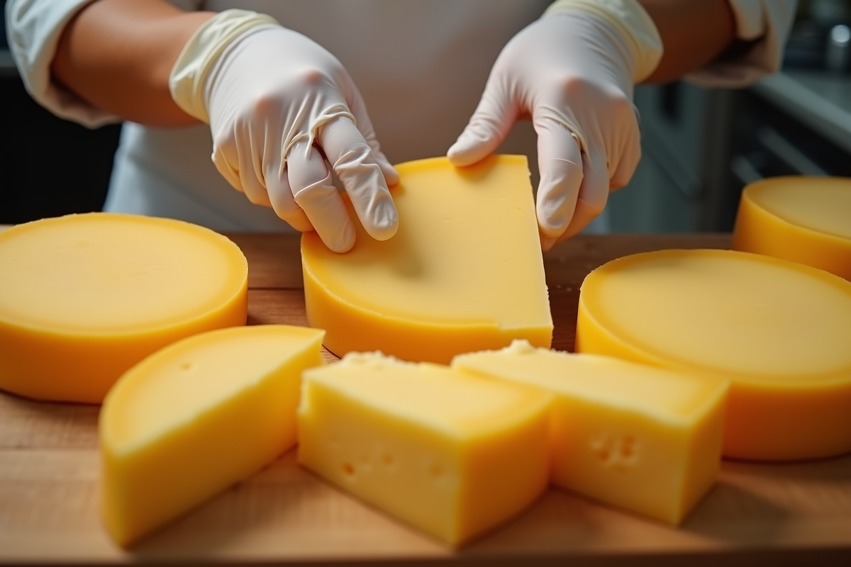 Marché de fromage casgiu merzu avec mains en gants dans une cuisine moderne