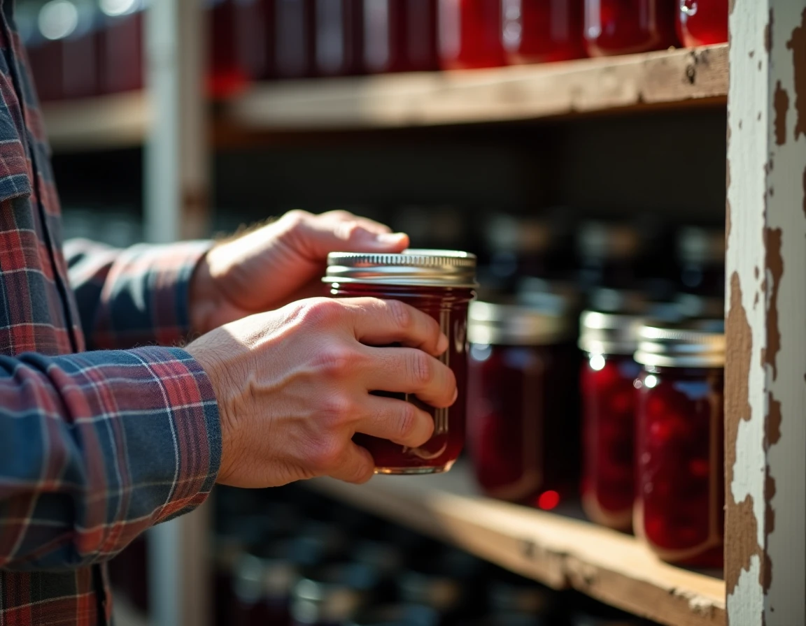 Mains d'un homme âgé scellant un pot de confiture de prunes pour une conservation longue durée dans un garde-manger