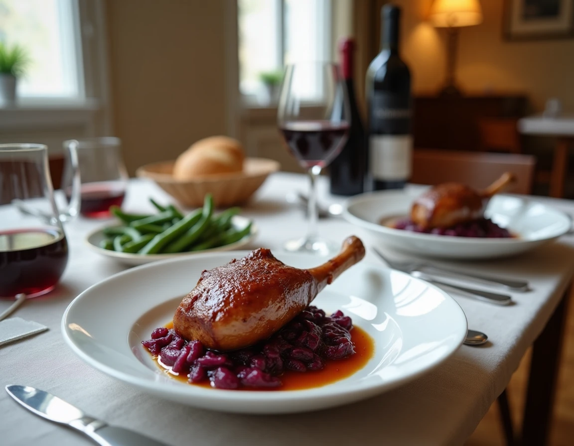 Table dressée avec confit de canard et chou rouge braisé dans un appartement parisien convivial