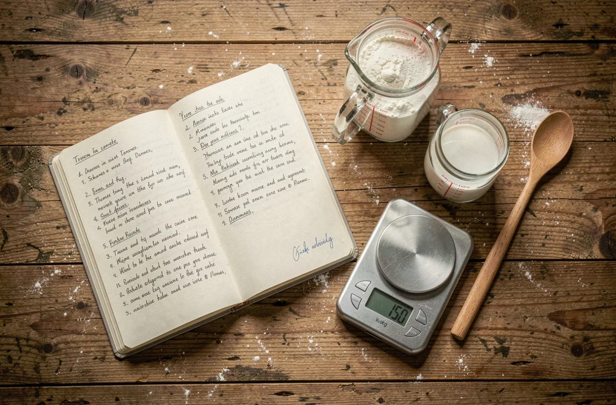 Vue de dessus d'une balance de cuisine numérique affichant 150g entourée d'un verre doseur en cl, d'un cahier de recettes et de farine sur une table en chêne