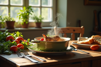 Table rustique en cuisine française avec civet de lapin