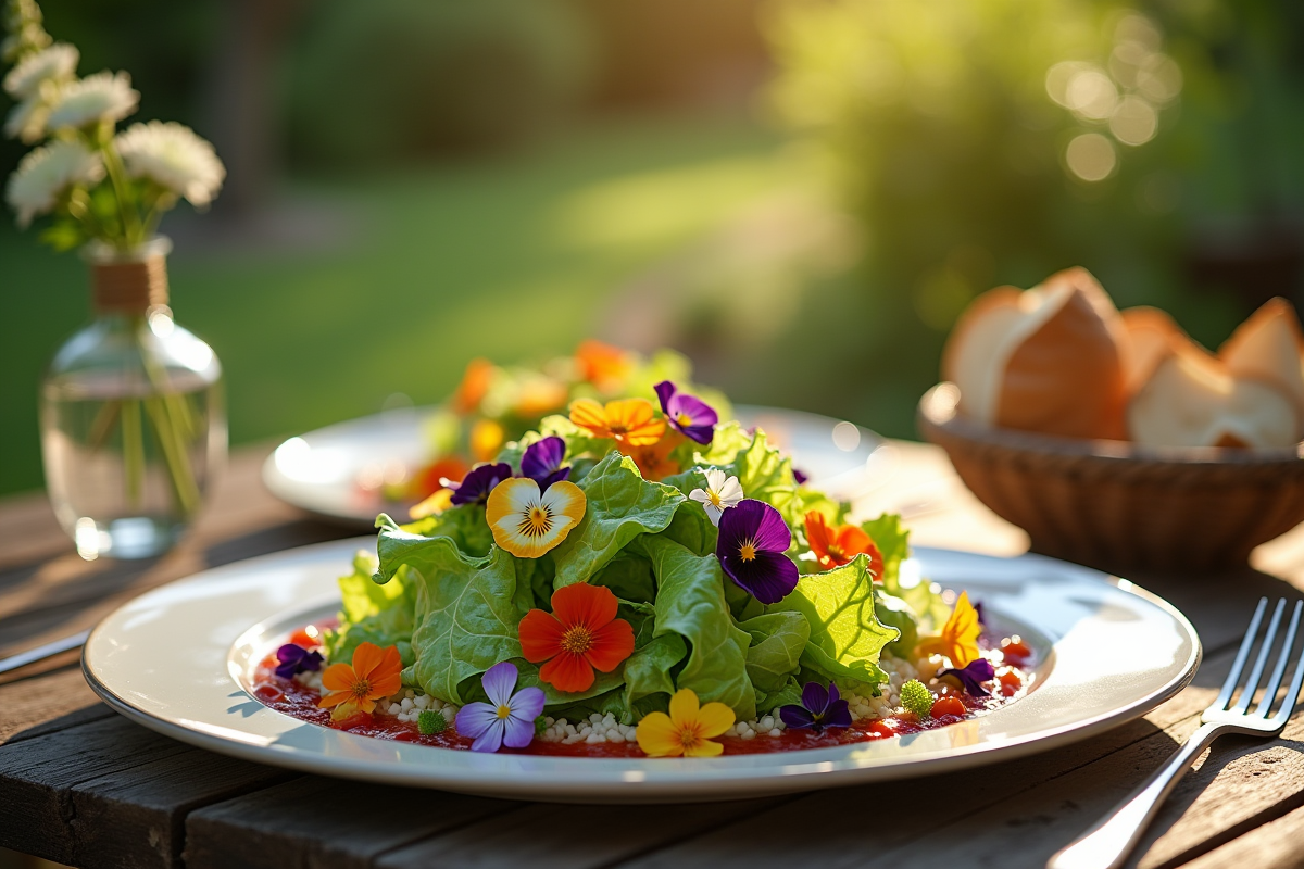 Table extérieure avec salade de sucrin de Venise et fleurs comestibles