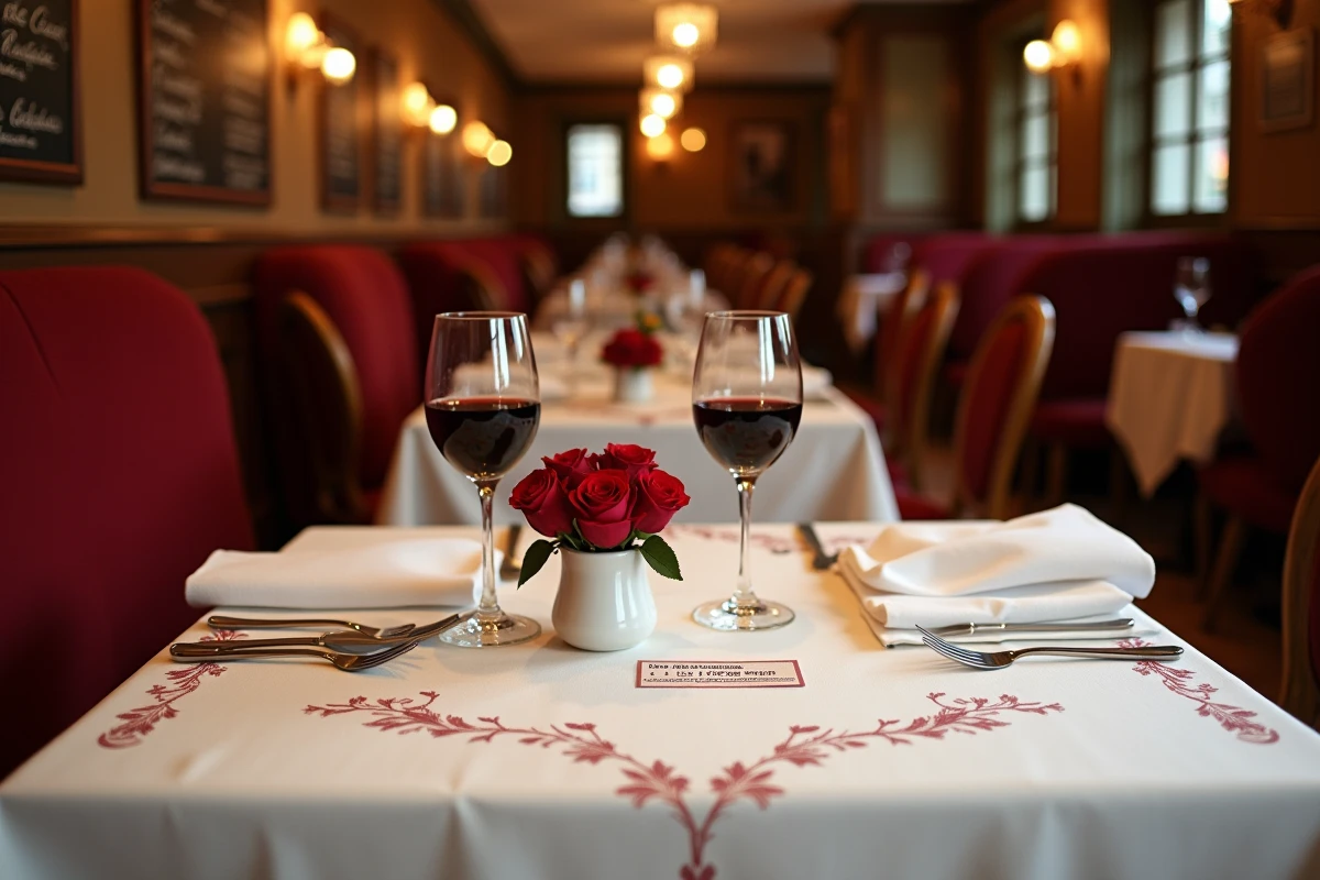 Table élégamment dressée pour une réservation Saint-Valentin dans un bistrot parisien classique avec verres de vin et carton de réservation manuscrit