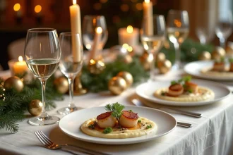 Table de réveillon dressée avec des coquilles Saint-Jacques sur purée de chou-fleur, décoration festive dorée et argentée, vue de dessus