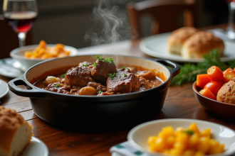 Table rustique avec boeuf bourguignon chaud et légumes