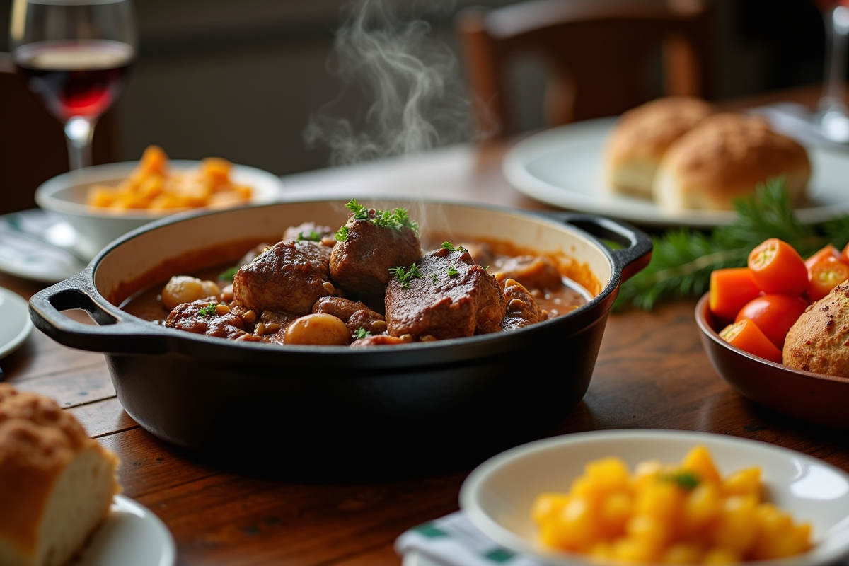 Table rustique avec boeuf bourguignon chaud et légumes