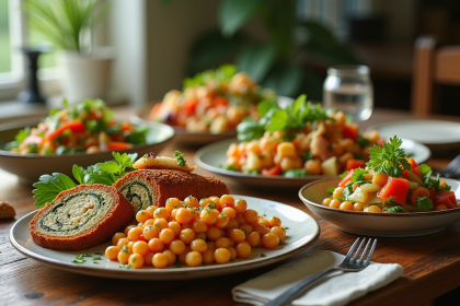 Table rustique avec plats de légumes en conserve pour le déjeuner