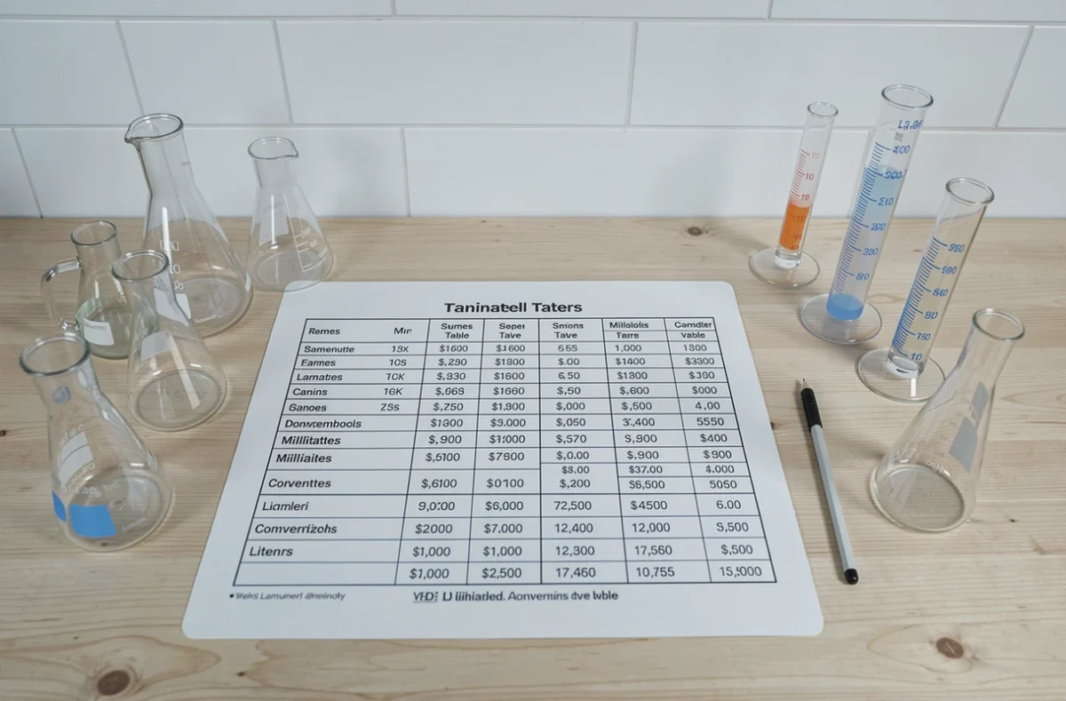 Tableau de conversion millilitres en litres plastifié posé sur une table avec des béchers en verre