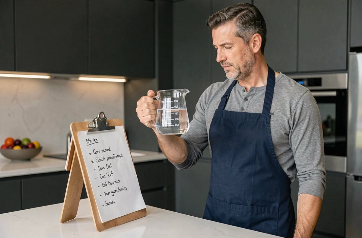 Cuisinier consultant un tableau de conversion grammes en centilitres avec un verre doseur transparent dans une cuisine moderne
