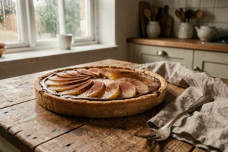 Tarte rustique poire et chocolat sur une table en bois avec une pâte dorée et une garniture de ganache brillante et de poires pochées en éventail
