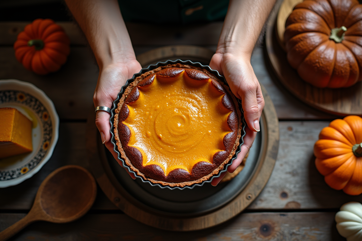 Scène rustique en cuisine avec mains tenant une tarte au potiron