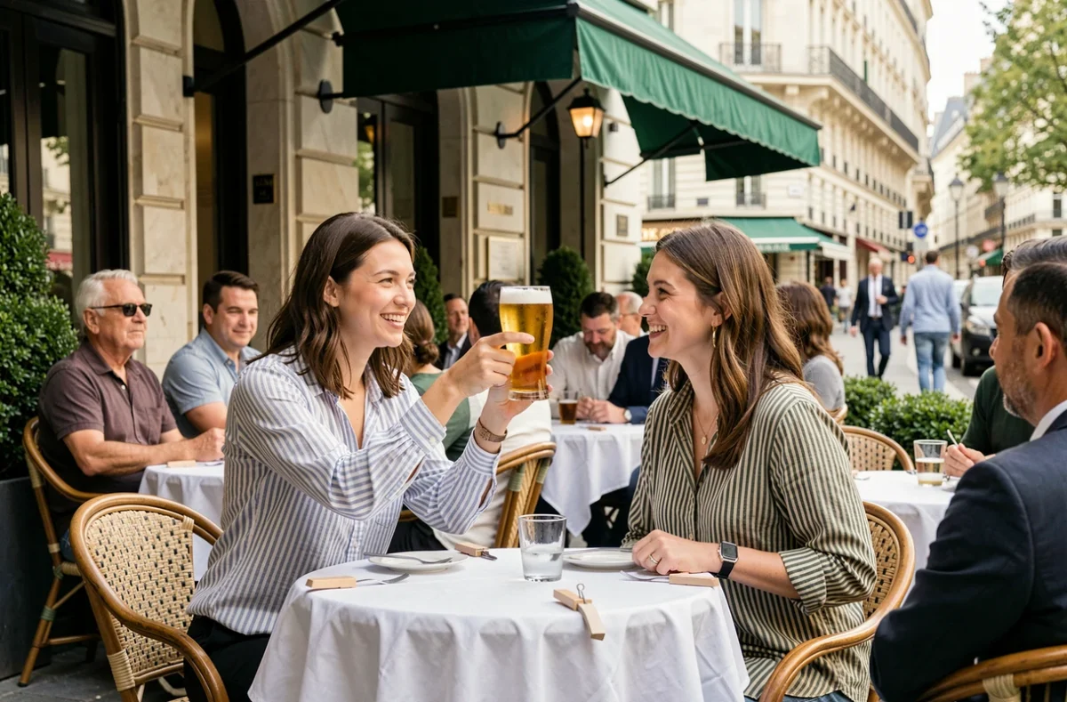 Terrasse ensoleillée d'une brasserie en Île-de-France avec clients attablés, chaises en osier et façade haussmannienne