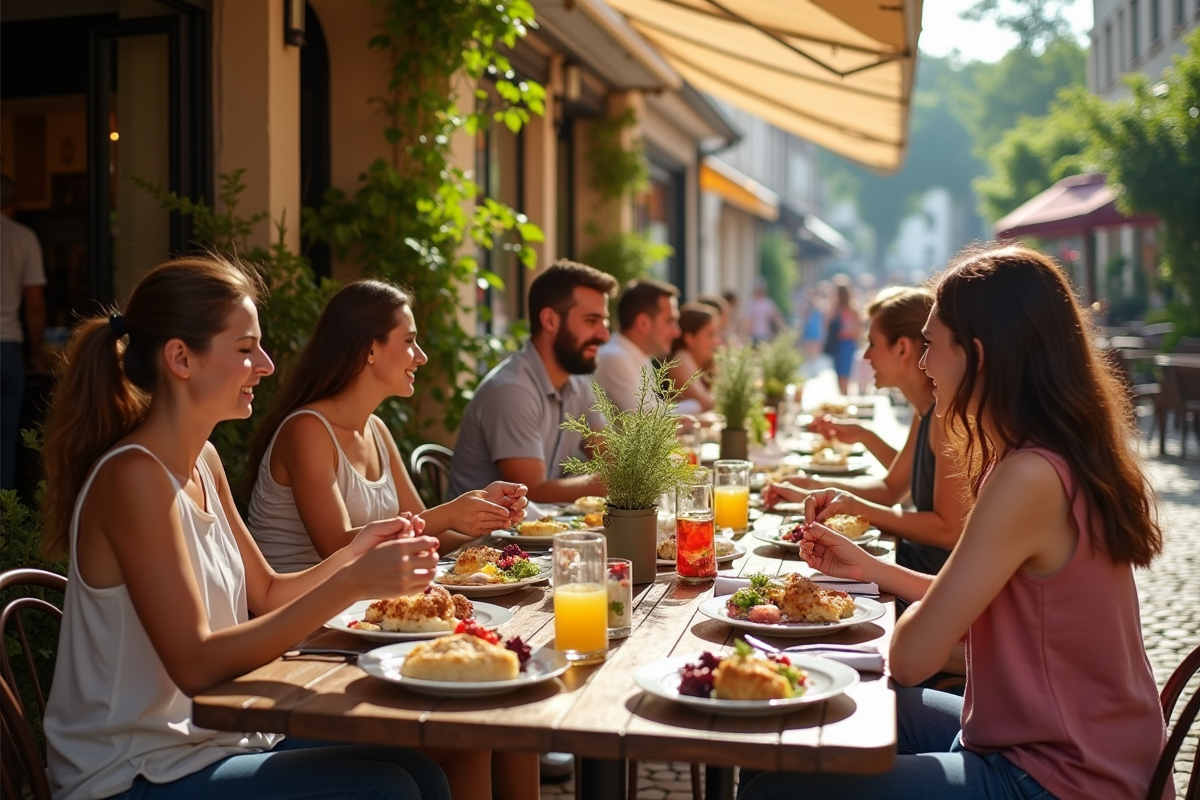 Terrasse extérieure ensoleillée à Rennes avec repas colorés