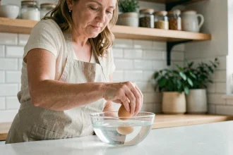 Femme testant la fraîcheur d'un œuf cru dans un bol d'eau claire dans une cuisine moderne