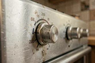 Gros plan sur le thermostat d'un four réglé à 200 degrés Celsius dans une cuisine domestique