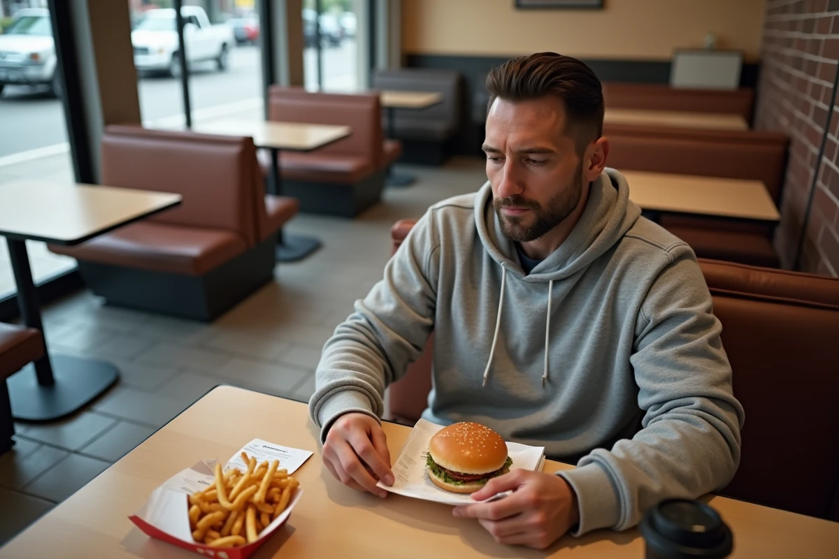 Homme consultant un ticket de caisse McDonald's posé sur une table à côté de son repas burger et frites