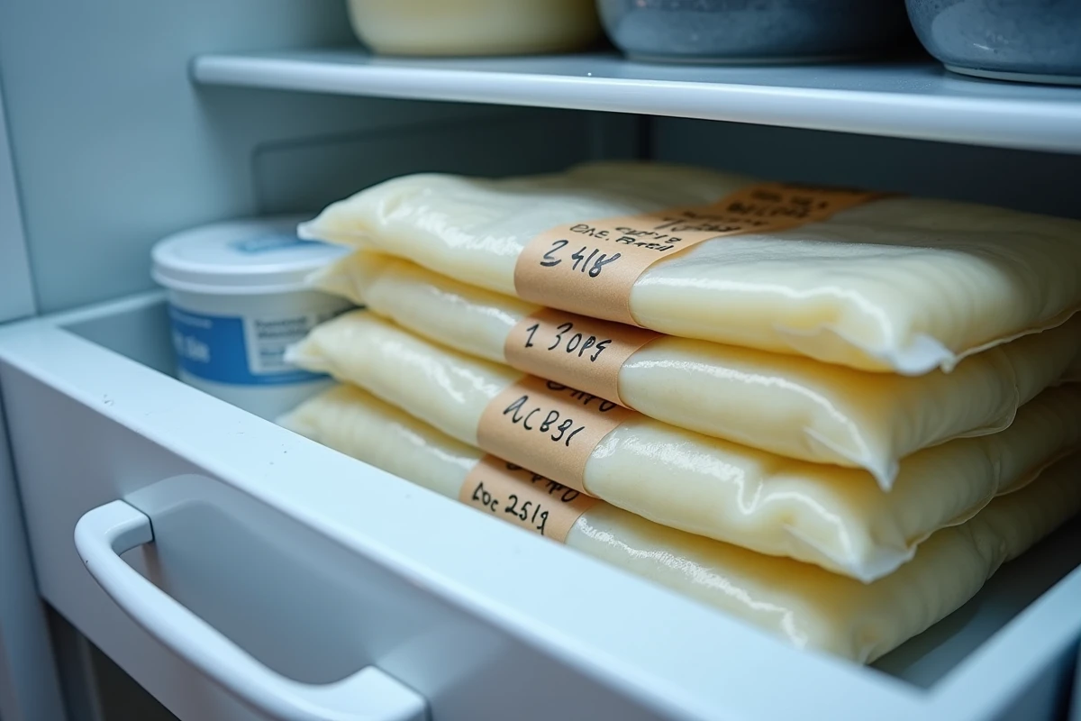 Tiroir de congélateur ouvert avec des sacs de pâte à crêpes étiquetés et empilés à plat, prêts à être conservés