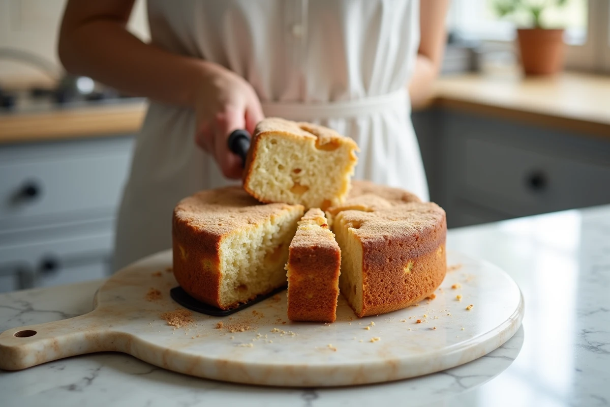 Tranche de gâteau au yaourt pomme léger en cours de découpe sur un plan de travail en marbre, révélant une mie moelleuse avec des morceaux de pomme fondants