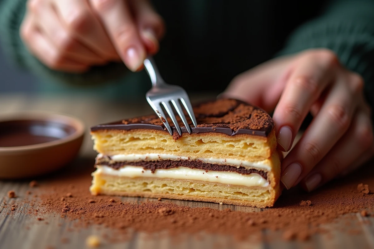 Tranche de mille-feuille au chocolat noir coupée à la fourchette révélant ses couches de pâte feuilletée et crème