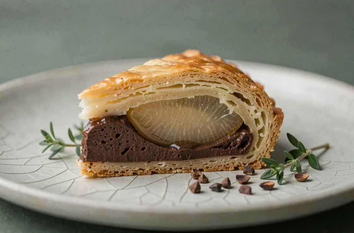Tranche de tarte poire et chocolat en gros plan sur assiette en céramique mate révélant les couches de pâte, ganache et poire pochée