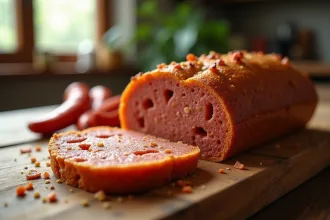 Tranche de gâteau au chorizo frais sur table en bois