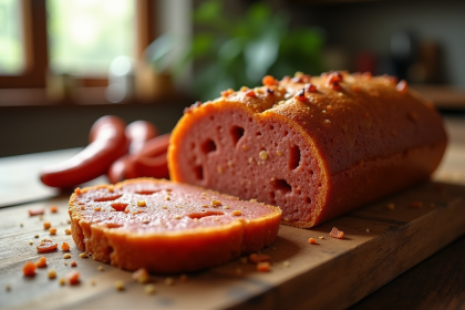 Tranche de gâteau au chorizo frais sur table en bois