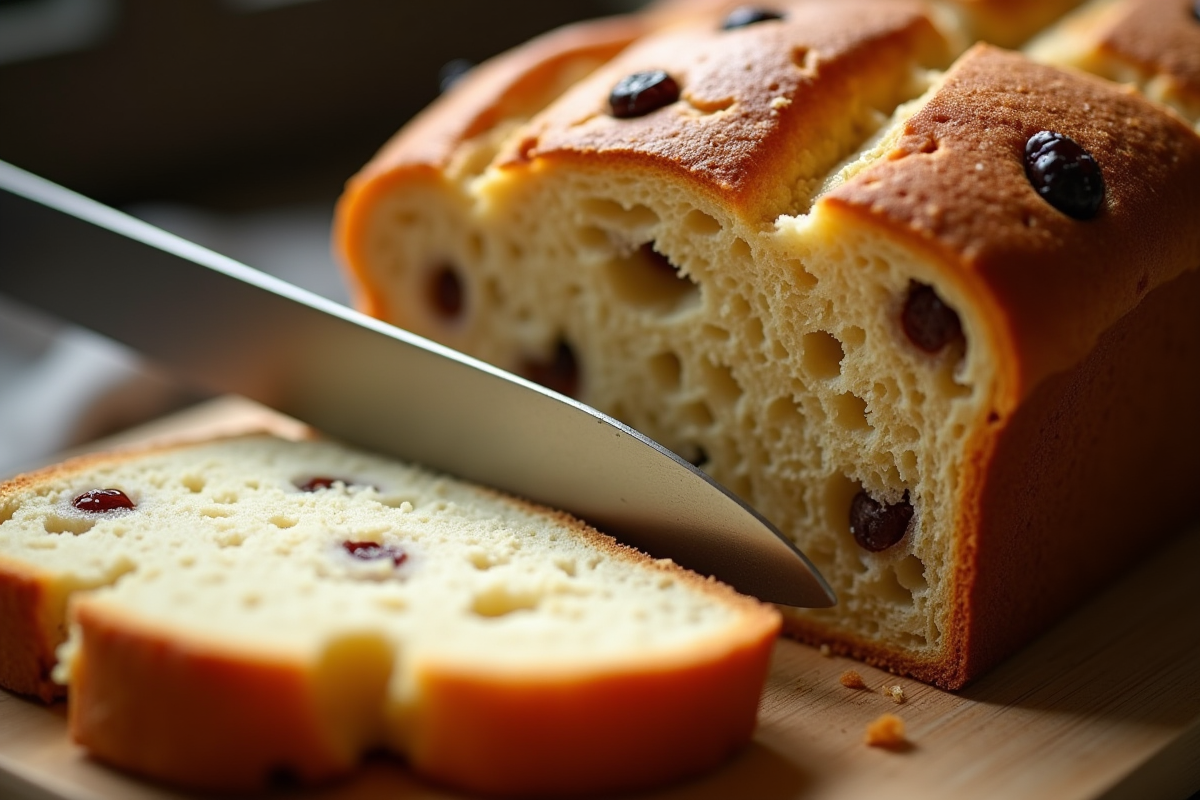 Tranches de pain aux raisins avec miettes et raisins visibles